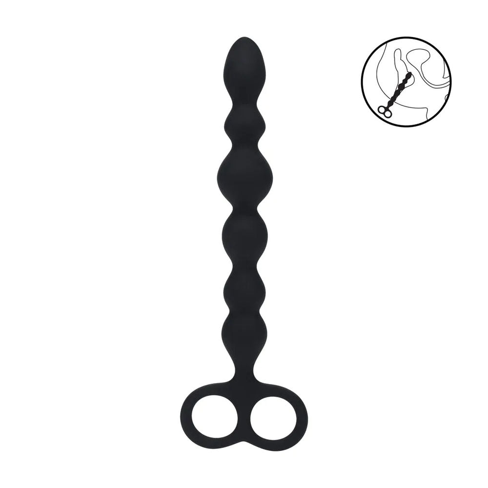 LEVELZ Beaded Silicone Anal Probe with Double Loop. Full view of the black anal beads on a white background, wider framing.