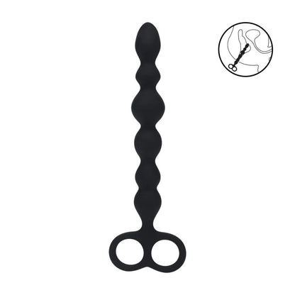 LEVELZ Beaded Silicone Anal Probe with Double Loop. Full view of the black anal beads on a white background, wider framing.