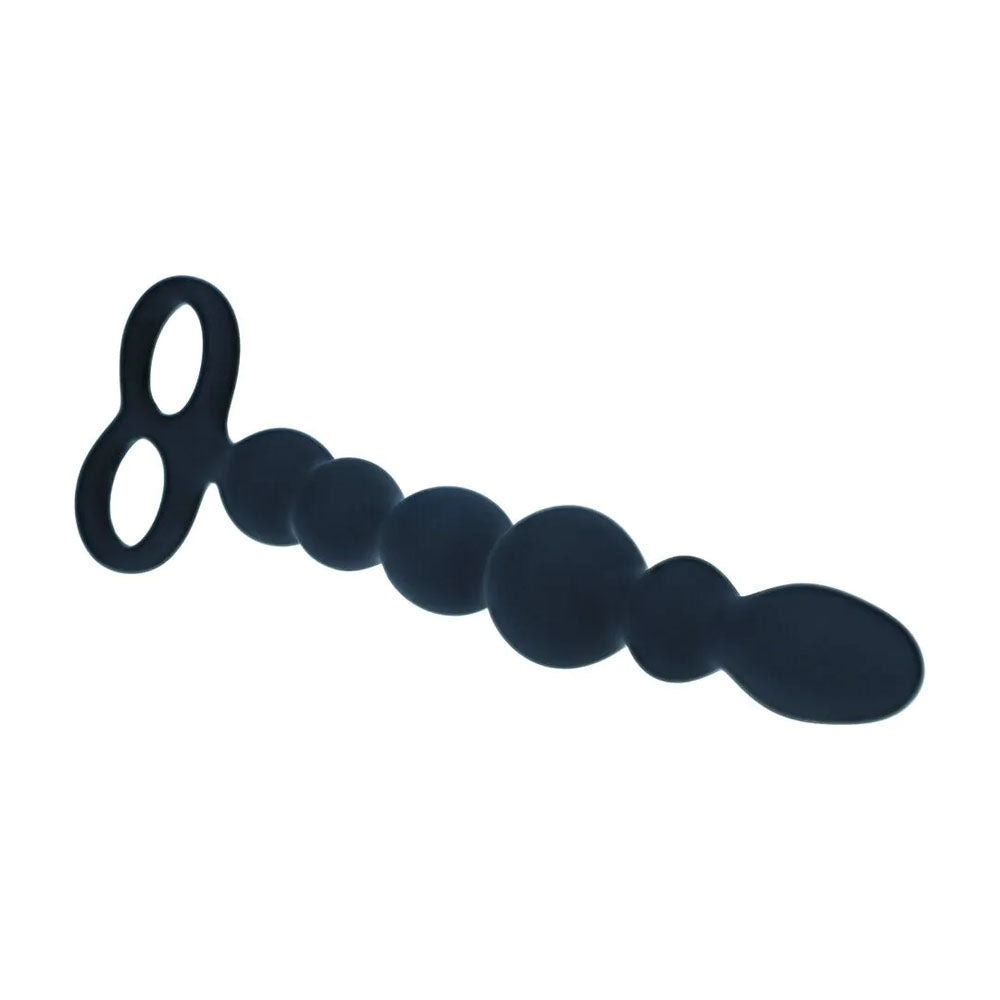 LEVELZ Beaded Silicone Anal Probe with Double Loop. Full view of the black anal beads on a white background, another angle.