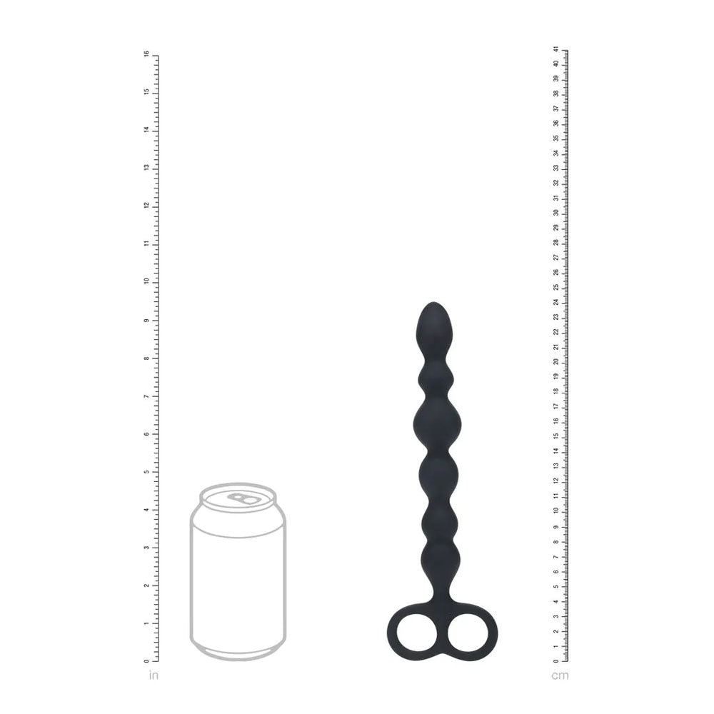 LEVELZ Beaded Silicone Anal Probe with Double Loop. Full view of the black anal beads on a white background, a further angle.