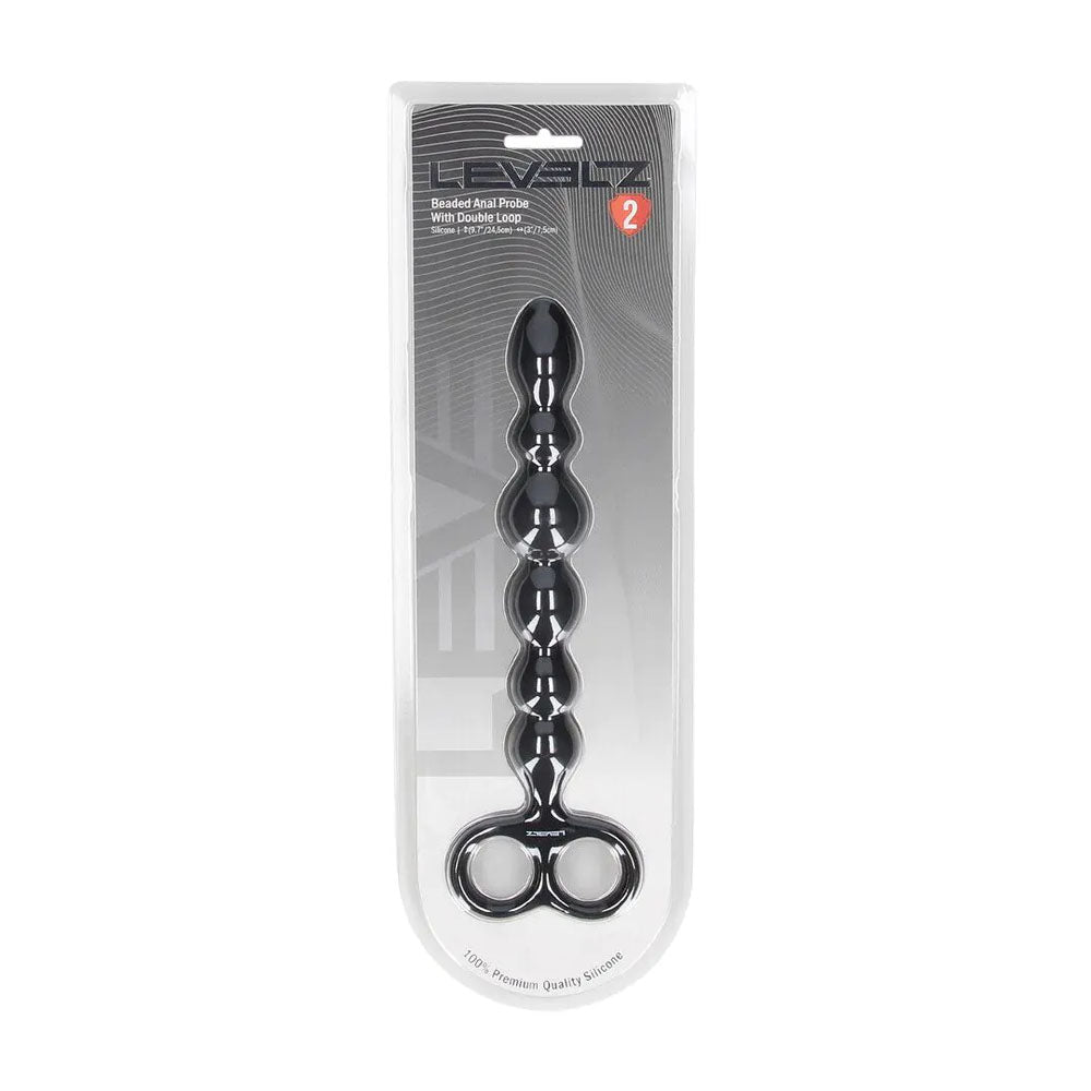 LEVELZ Beaded Silicone Anal Probe with Double Loop. Full view of the black anal beads on a white background, a third view.