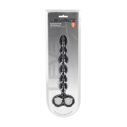LEVELZ Beaded Silicone Anal Probe with Double Loop. Full view of the black anal beads on a white background, a third view.