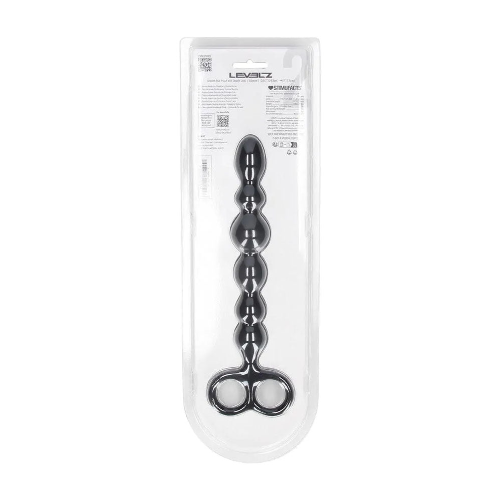 LEVELZ Beaded Silicone Anal Probe with Double Loop. Full view of the black anal beads on a white background, a fourth view.