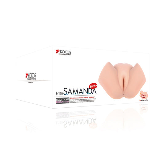 Kokos Big Hip Samanda. Full view of the flesh stroker on a white background, wider framing.