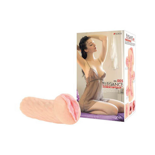 Kokos Elegance 005. The flesh stroker fitted on a demonstration model against white.