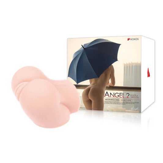 Kokos Mini Butt Angel 2. The flesh stroker fitted on a demonstration model against white.