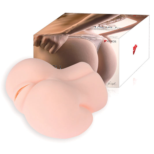 Kokos Mini Butt Angel 1. The flesh stroker fitted on a demonstration model against white.