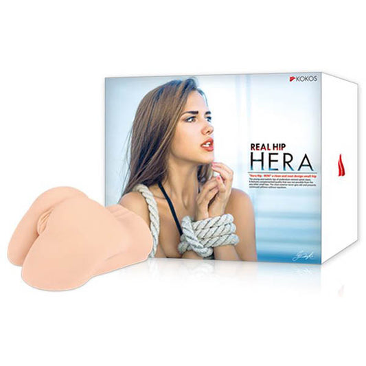 Kokos Real Hip Hera. The flesh stroker fitted on a demonstration model against white.