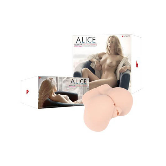 Kokos Real Hip Alice. The flesh stroker fitted on a demonstration model against white.