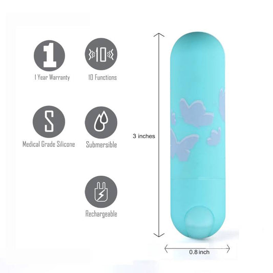Maia Julia Teal 7.6 cm USB Rechargeable Bullet. Feature icons including rechargeable use.