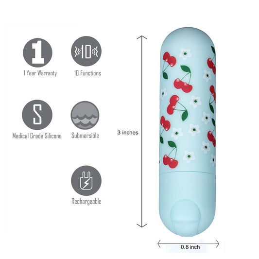 Maia Sherri Baby Blue 7.6 cm USB Rechargeable Bullet. Feature icons including rechargeable use.