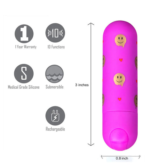 Maia Giggly Pink 7.6 cm USB Rechargeable Bullet. Feature icons for functions, silicone, charging, and submersible use.