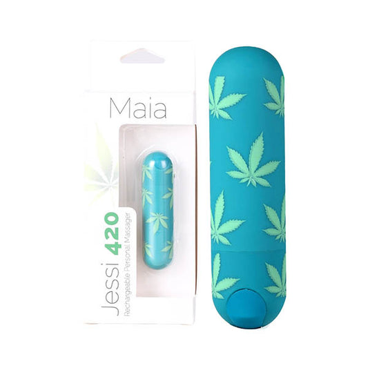 Maia Jessi 420 Emerald Green 7.6 cm USB Rechargeable Bullet. Studio photo of the bullet on a white background.