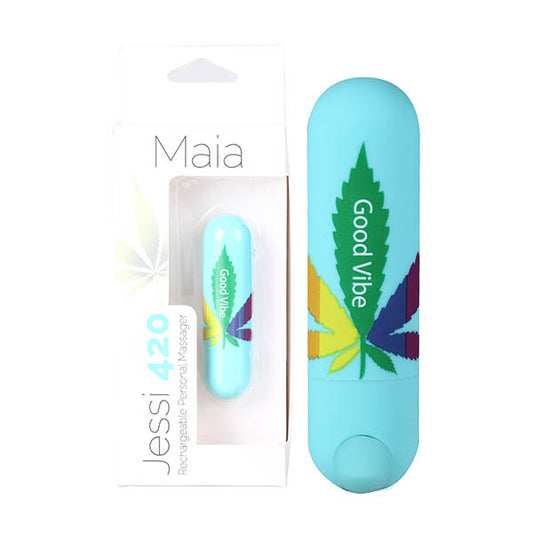 Maia Jessi 420 Teal 7.6 cm USB Rechargeable Bullet. Studio photo of the bullet on a white background.