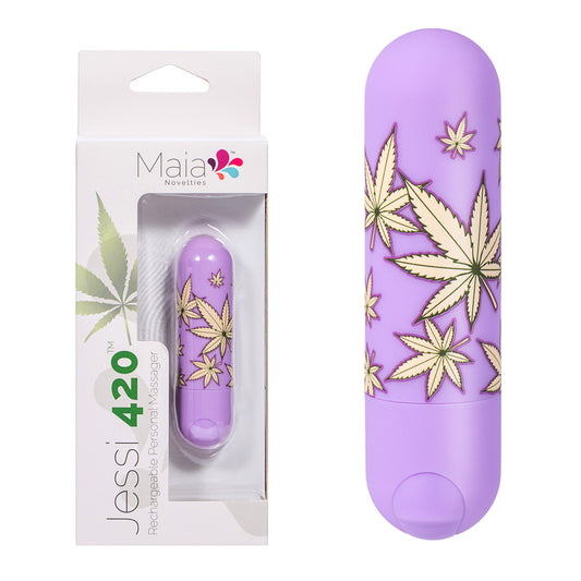 Maia Jessi 420 Violet 7.6 cm USB Rechargeable Bullet. Studio photo of the bullet on a white background, another angle.