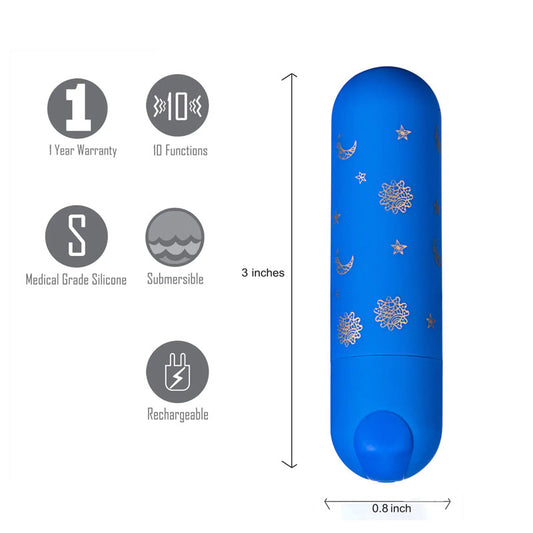 Maia Luna Blue 7.6 cm USB Rechargeable Bullet. Feature icons including rechargeable use.