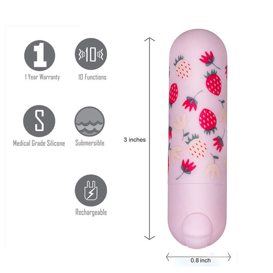 Maia Bari Baby Pink 7.6 cm USB Rechargeable Bullet. Feature icons including rechargeable use.