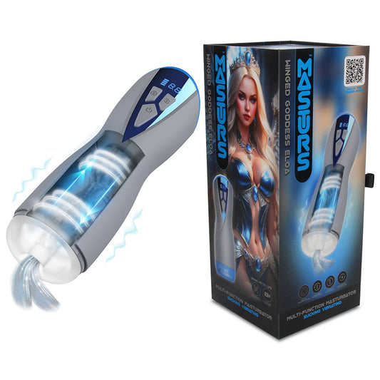MASTURS Eloa USB Rechargeable Sucking & Vibrating Auto Stroker with Au. Studio photo of the blue stroker on a white background, another angle.