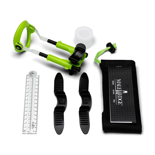 MaleEdge Extra Kit. Studio photo of the green product on a white background, a further angle.