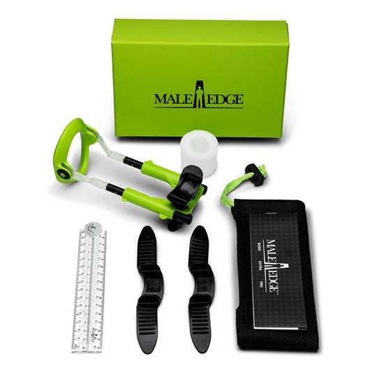 MaleEdge Extra Kit. Studio photo of the green product on a white background, another angle.
