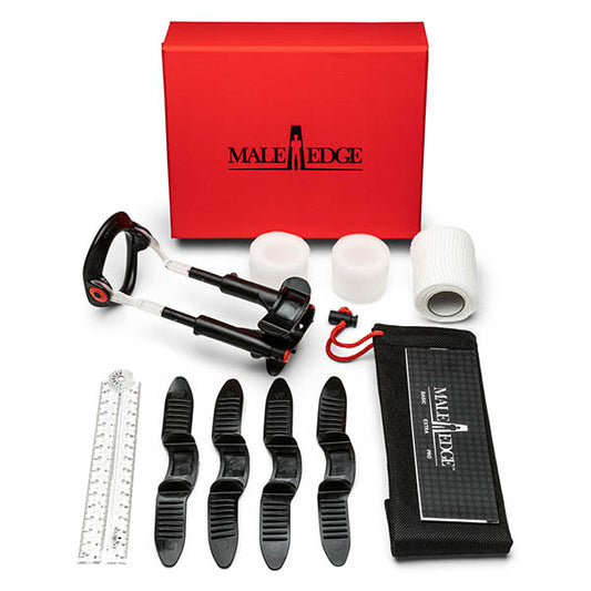 MaleEdge Pro Kit Penis Enlarger Kit in Red Case. Studio photo of the product on a white background, another angle.