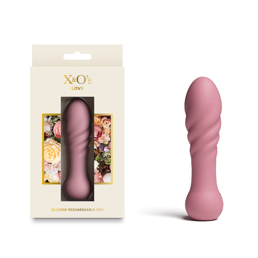 X & O's Love Dusty Rose 10.7 cm USB Rechargeable Bullet. Studio photo of the bullet on a white background, another angle.