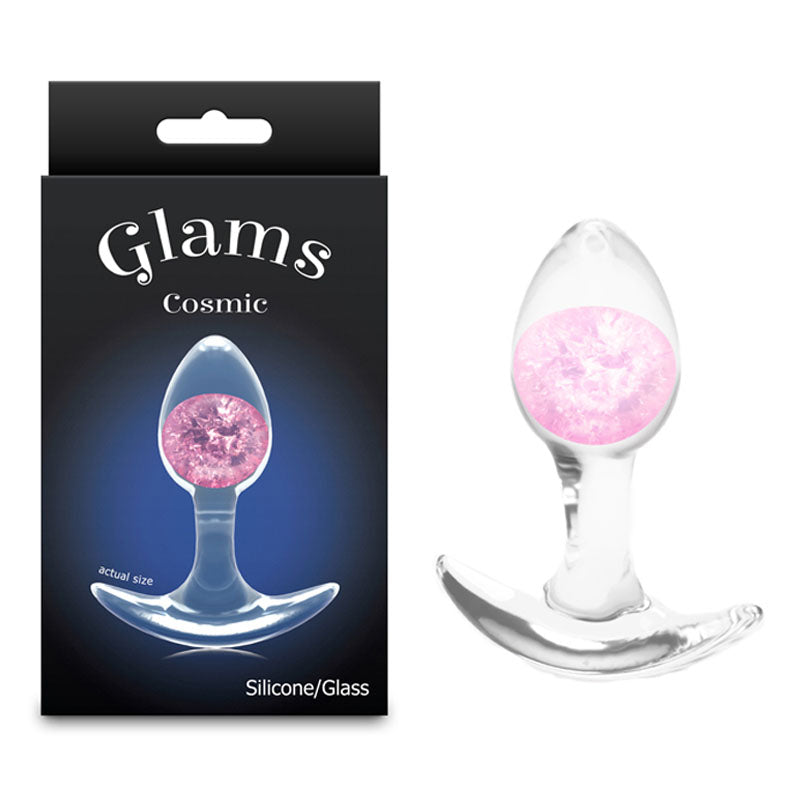 Glams Cosmic Small. The pink butt plug shown with its retail packaging on white, another angle.