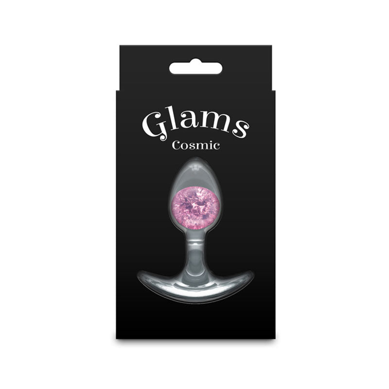 Glams Cosmic Small. The pink butt plug shown with its retail packaging on white, a further angle.