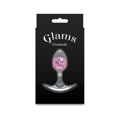 Glams Cosmic Small. The pink butt plug shown with its retail packaging on white, a further angle.