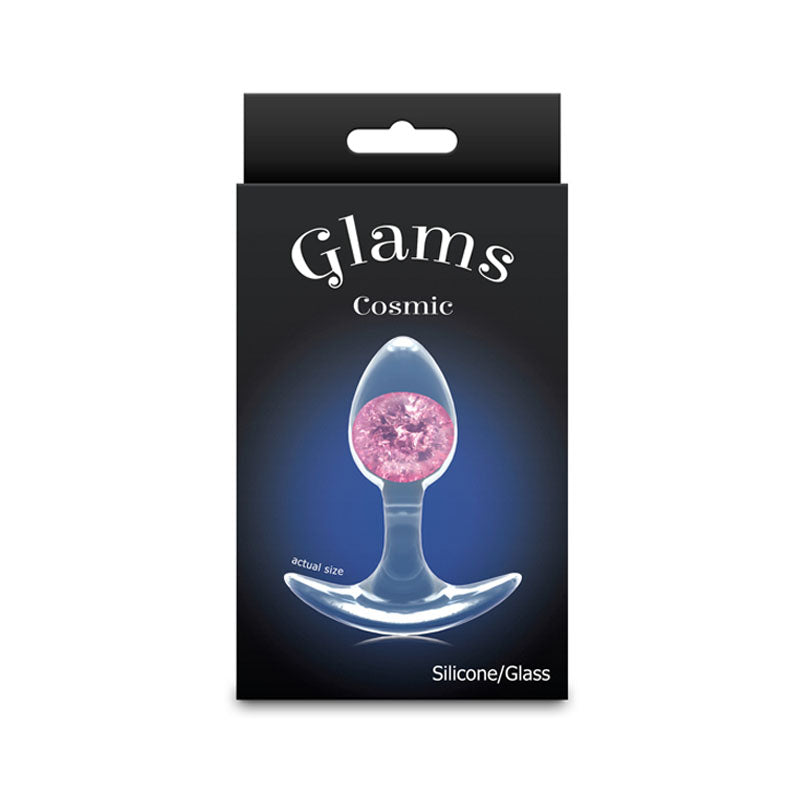 Glams Cosmic Small. The pink butt plug shown with its retail packaging on white, a third view.