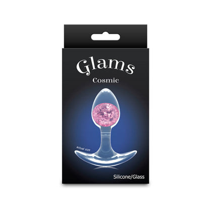Glams Cosmic Small. The pink butt plug shown with its retail packaging on white, a third view.