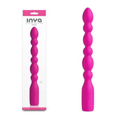 INYA Prime Pink 28.8 cm USB Rechargeable Anal Vibrator. Full view of the vibrator on a white background, wider framing.
