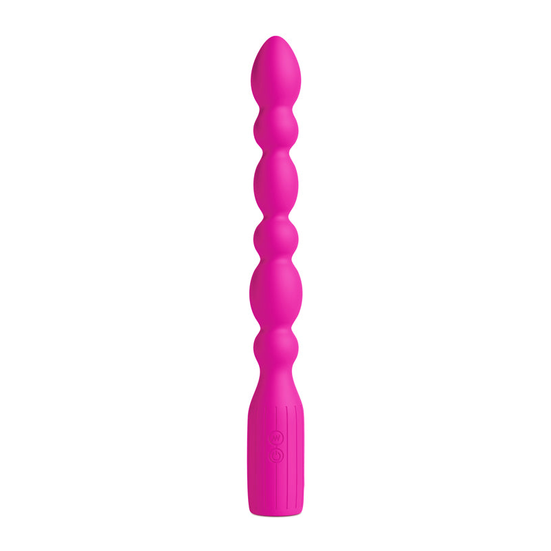 INYA Prime Pink 28.8 cm USB Rechargeable Anal Vibrator. Full view of the vibrator on a white background, a further angle.