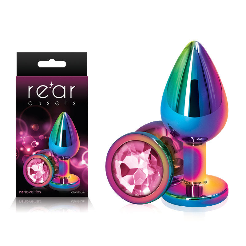 Rear Assets Multi Coloured Medium - Multi Coloured Medium Metal Butt Plug with Pink Gem Base - Image 1
