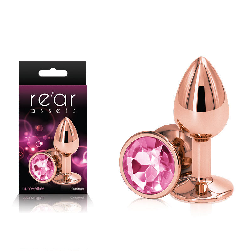 Rear Assets Rose Gold Small - Rose Gold Small Metal Butt Plug with Pink Gem Base - Image 1