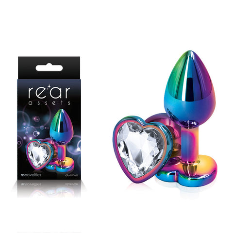 Rear Assets Multi Coloured Heart - Multi Coloured Small Metal Butt Plug with Clear Heart Gem Base - Image 1