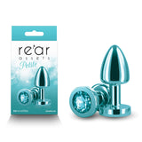 Rear Assets Petite - Teal - Teal 6 cm Metal Butt Plug with Teal Round Gem Base - Image 1