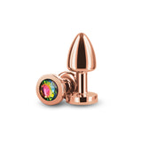 Rear Assets Petite - Rose Gold with Rainbow Gem - Rose Gold 6 cm Metal Butt Plug with Rainbow Round Gem Base - Image 3