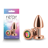 Rear Assets Petite - Rose Gold with Rainbow Gem - Rose Gold 6 cm Metal Butt Plug with Rainbow Round Gem Base - Image 1