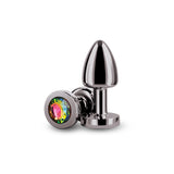 Rear Assets Petite - Gunmetal with Rainbow Gem - Gunmetal 6 cm Metal Butt Plug with Rainbow Round Gem Base - Image 3