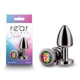 Rear Assets Petite - Gunmetal with Rainbow Gem - Gunmetal 6 cm Metal Butt Plug with Rainbow Round Gem Base - Image 1