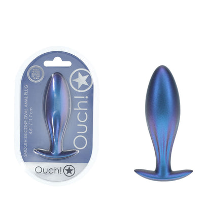 OUCH! Oval Anal Plug. Studio photo of the blue butt plug on a white background.