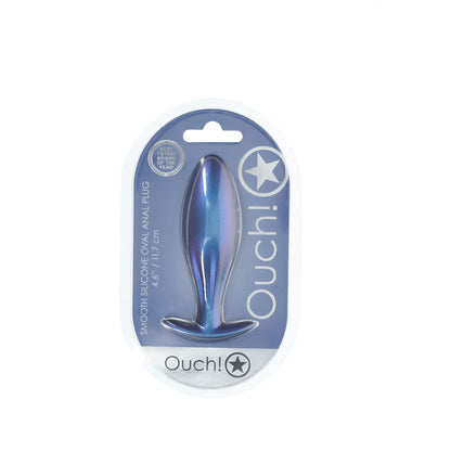 OUCH! Oval Anal Plug. Full view of the blue butt plug on a white background, another angle.