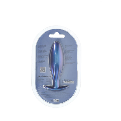 OUCH! Oval Anal Plug. Full view of the blue butt plug on a white background, a further angle.