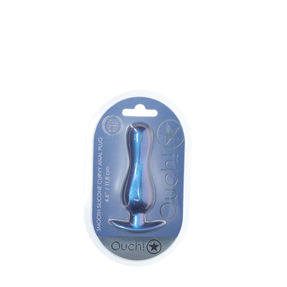 OUCH! Curvy Anal Plug. Full view of the blue butt plug on a white background, a further angle.