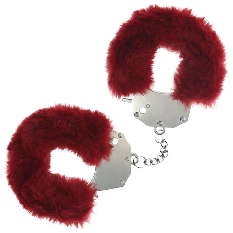 OUCH! Heavy-Duty Fluffy Cuffs - Burgundy - Burgundy Fluffy Restraints - Image 1