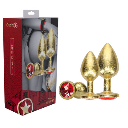 OUCH! Milan Collection - Metal Anal Plug Set - Gold Butt Plugs with Gem Bases - Set of 3 Sizes