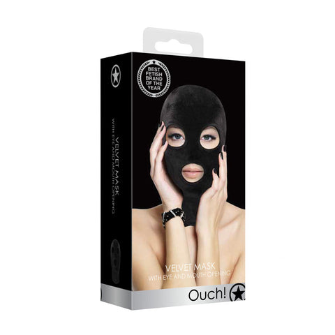 Ouch! Velvet & Velcro Mask with Eye and Mouth Opening - Black Hood - Image 1
