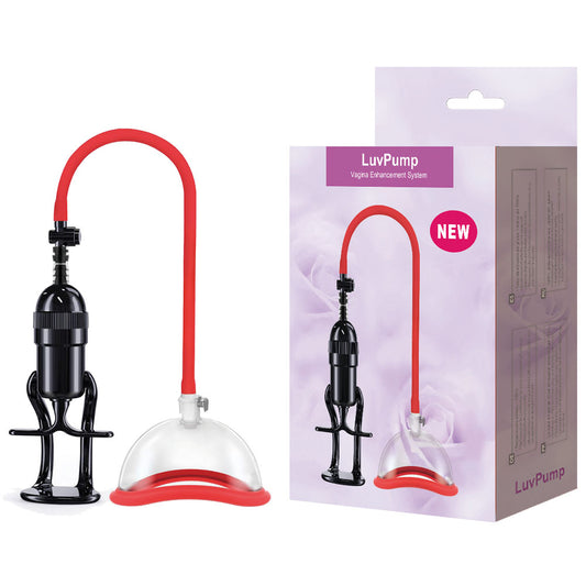 LuvPump Vagina Enhancement System. Studio photo of the red product on a white background, another angle.