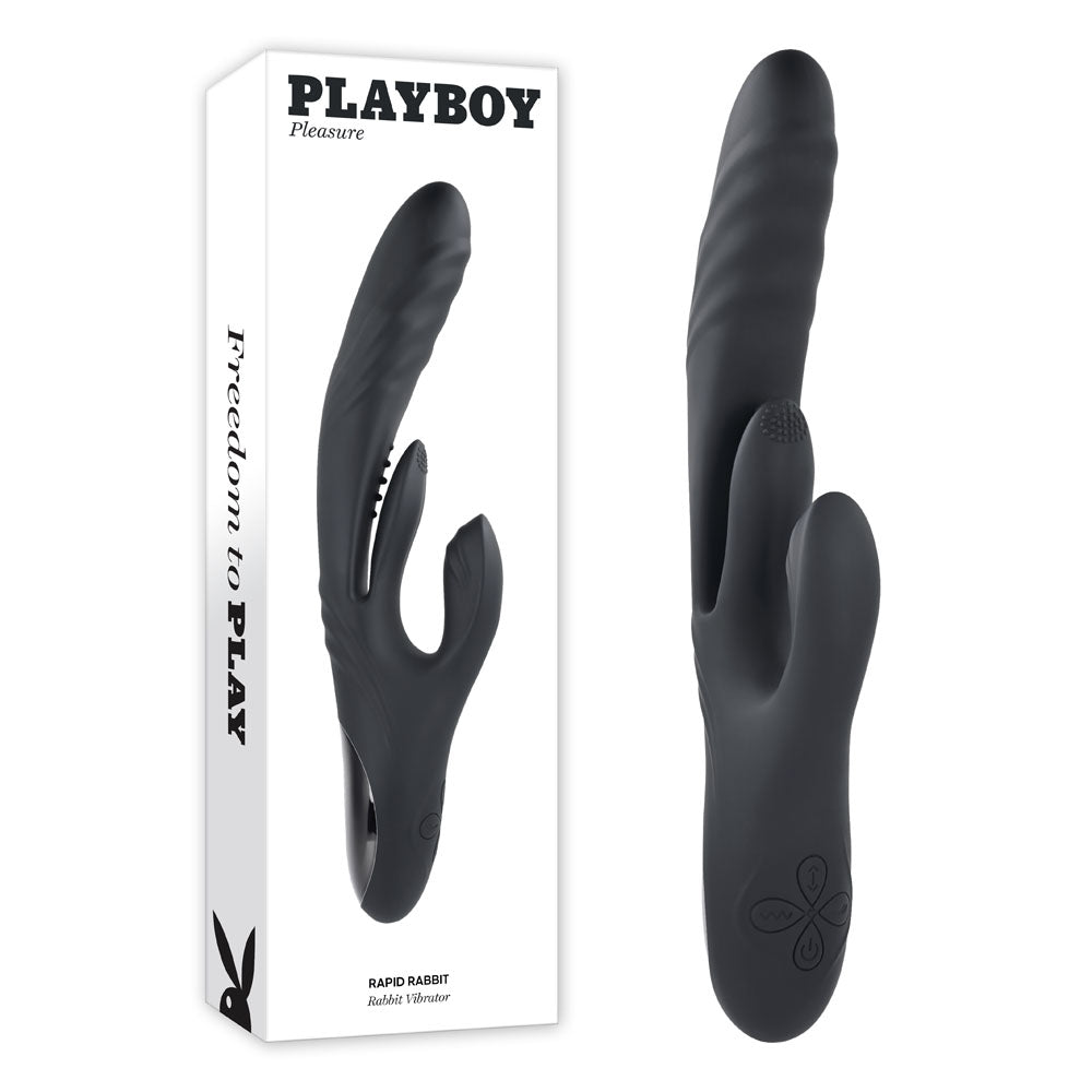 Black rabbit-shaped toy with 'Playboy' branding on a white background